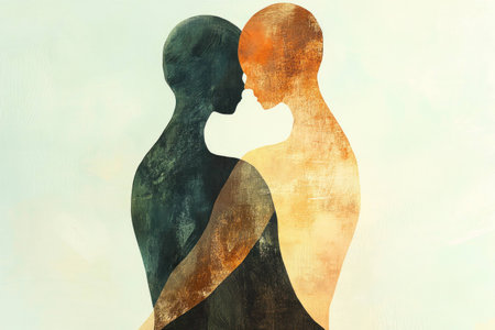 Abstract illustration of two intertwined human silhouettes in contrasting colors symbolizing love and connection The warm and cool tones blend beautifullyの素材