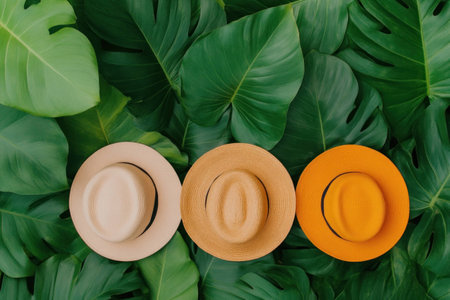 Three stylish sun hats in beige, brown, and orange colors on a vibrant green palm leaf background, accentuating a tropical theme and summer vibesの素材