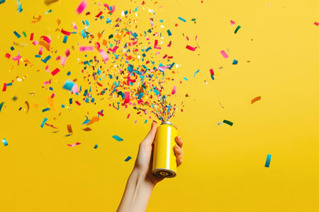 Vibrant celebration with a hand holding a yellow canister releasing colorful confetti against a bright yellow background, perfect for festive themes and eventsの素材