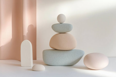 Minimalist abstract composition with pastel colored stones, soft textures, and natural light, ideal for contemporary design and wellness conceptsの素材