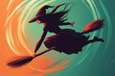A stylish witch flying on a broomstick against a swirling colorful background, embodying a magical and mystical concept of autumnの素材