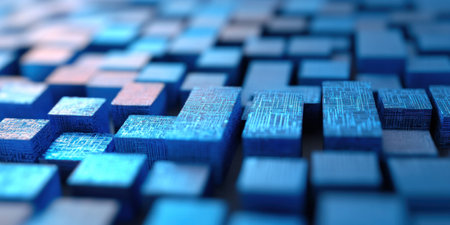 Abstract blue D blocks background with intricate patterns, perfect for technology and digital themes, invoking feelings of innovation and modernityの素材