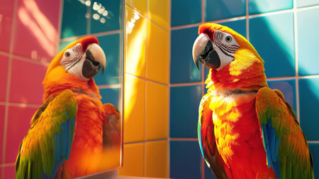 Colorful parrot posing elegantly in front of a mirror, reflecting vibrant hues of yellow, pink, and blue, showcasing tropical beauty and charmの素材