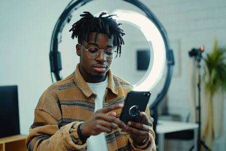 Young Black man using smartphone while standing in front of a modern ring light, wearing a stylish jacket and glasses, conveying a relaxed and focused emotionの素材