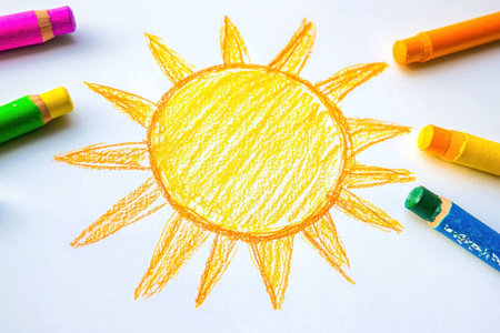 Bright and cheerful hand drawn sun illustration with colorful crayons, evoking happiness and warmth, perfect for children s themes and summer vibesの素材