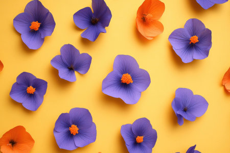 Colorful paper flowers scattered on a bright yellow background, showcasing a vibrant arrangement of purple and orange blooms for creative design projectsの素材