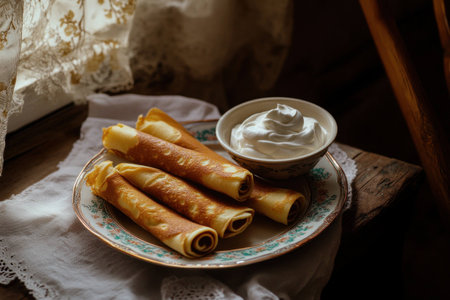 Delicious homemade pancakes with sour cream on a vintage plate, evoking a cozy, warm atmosphere perfect for a brunch settingの素材