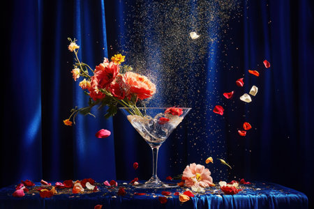 Vibrant floral arrangement in a martini glass with cascading petals, showcasing a harmonious blend of colors and emotions, perfect for celebrations and eventsの素材