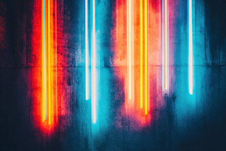 Vibrant neon light patterns with vertical lines in red, blue, and turquoise creating an energetic urban vibe suitable for modern design projectsの素材