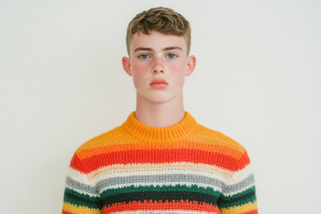 Portrait of a young boy with short hair wearing a colorful striped sweater, showcasing a neutral expression against a light backgroundの素材