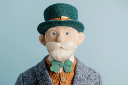 Clay figurine of a cheerful elderly man with a beard, wearing a green hat, bowtie, and a grey coat, set against a light blue background for seasonal decorの素材