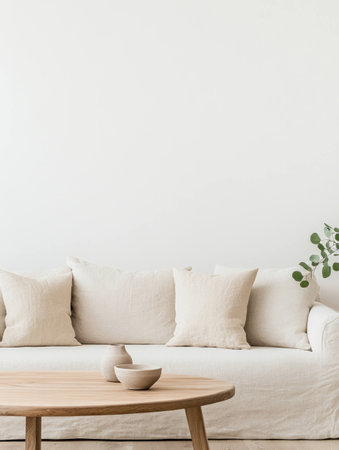 Cozy and minimalist living room featuring a light beige sofa, decorative pillows, and a wooden coffee table, emphasizing a serene and inviting atmosphereの素材