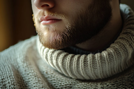 Cozy winter portrait of a young man with a well groomed beard wearing a knitted sweater, conveying warmth and comfort in a softly lit indoor settingの素材