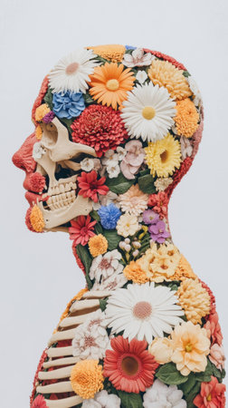 A vibrant floral sculpture blending human anatomy and colorful flowers, symbolizing the connection between nature and humanity, featuring diverse blooms and intricate detailsの素材