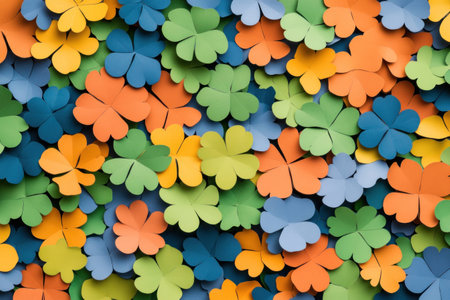 Vibrant paper flowers in various colors, creating a cheerful backdrop for spring themed creative projects, featuring shades of orange, blue, green, and yellowの素材