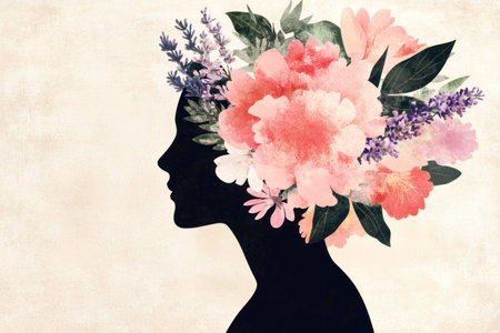 Silhouette of a woman with a floral headdress filled with pink and purple flowers, representing beauty and natureの素材