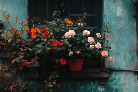 Vibrant roses blooming in a rustic window box, showcasing an array of colors and natural beauty in a charming urban settingの素材