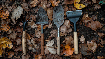 Garden tools on autumn leaves a rustic and warm scene featuring various gardening tools placed on colorful fallen leaves, perfect for seasonal gardening themesの素材
