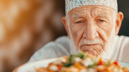 Elderly man presenting a colorful plate of healthy food, showcasing his pride and joy in traditional cuisine, perfect for healthy eating conceptsの素材