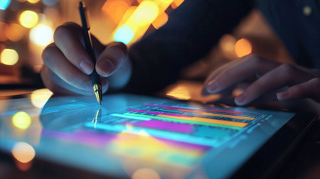 Creative professional using a digital tablet for graphic design, vibrant colors and warm lights in the background, ideal for tech and design themesの素材