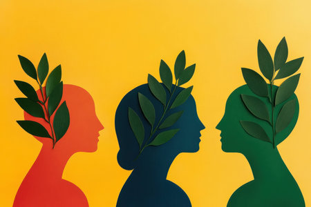 Abstract profile silhouettes with leaf motifs on a vibrant yellow background, symbolizing nature, wellness, and harmony, featuring red, blue, and green colorsの素材