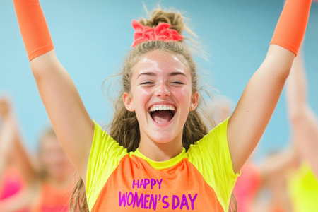 Young girl celebrating Women s Day with joyful expression in bright, sporty attire, showcasing vibrant colors and a festive atmosphereの素材