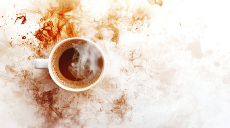 A steaming cup of coffee surrounded by swirling brown splashes, creating a vibrant and energetic atmosphere perfect for coffee loversの素材
