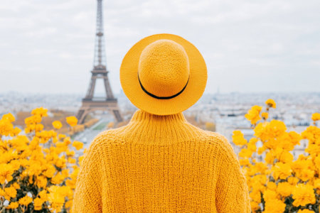 Cheerful woman in a yellow sweater and hat enjoying a scenic view of the Eiffel Tower surrounded by vibrant yellow flowers during autumnの素材