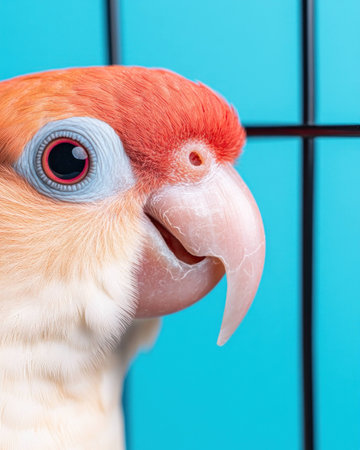 Close up of a colorful pet bird with vibrant feathers against a bright blue background, showcasing unique emotions and captivating featuresの素材