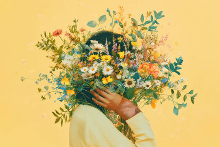 A woman with a flower bouquet covering her face, wearing a yellow sweater, expresses joy in a vibrant, sunny, floral themed portraitの素材