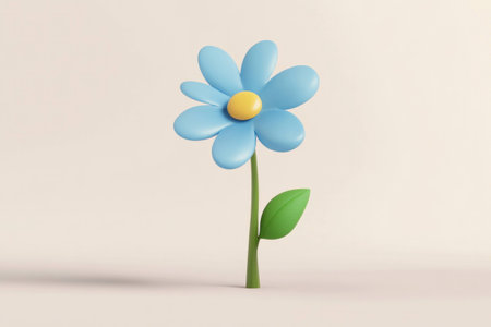 Bright blue daisy flower with a yellow center standing on a soft beige background, perfect for seasonal greetings and cheerful designsの素材