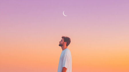 A contemplative young man gazing at a crescent moon against a serene pastel sky, evoking feelings of tranquility and introspectionの素材
