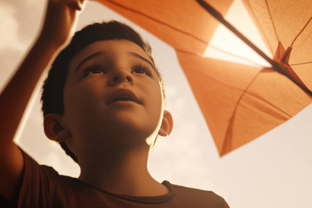 A joyful boy holding a vibrant orange umbrella against a warm sunset backdrop, evoking feelings of childhood wonder and vivid imaginationの素材