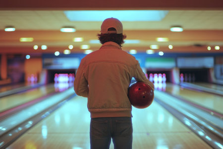 A young man prepares to bowl, showcasing excitement and anticipation in a vibrant bowling alley setting Perfect for sports and leisure themesの素材