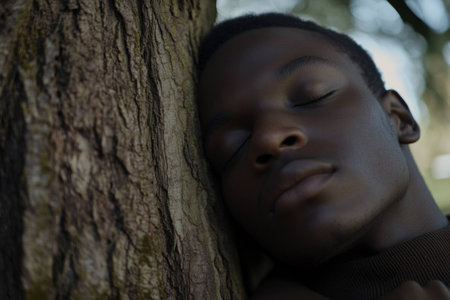 A serene portrait of a young Black man resting against a tree, exuding tranquility and calmness, perfect for themes of relaxation and mindfulnessの素材