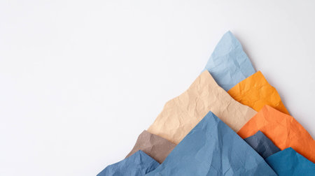 Colorful crumpled paper mountains on a white background, ideal for creative design, showcasing texture and layering in vibrant pastel huesの素材