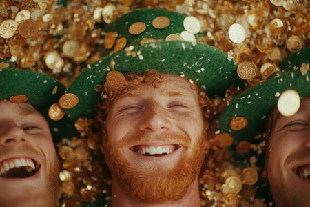Cheerful red haired man wearing a green leprechaun hat, surrounded by golden coins, celebrating the joyful spirit of St Patrick s Day with a vivid expression of happinessの素材