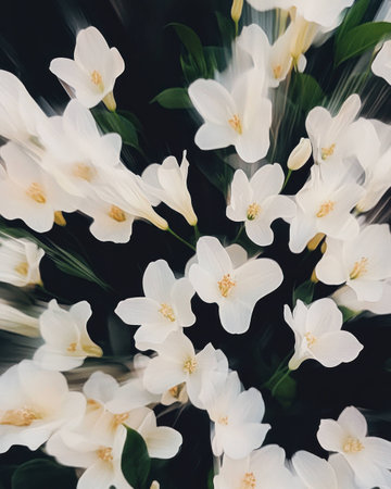 Beautiful white flowers with soft petals and green leaves create an elegant floral background, evoking tranquility and freshness in nature inspired designsの素材