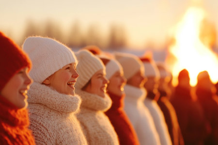 Joyous winter gathering of diverse people in cozy knitwear, showcasing happiness against a sunset background with warm colors, embodying the essence of seasonal celebrationの素材