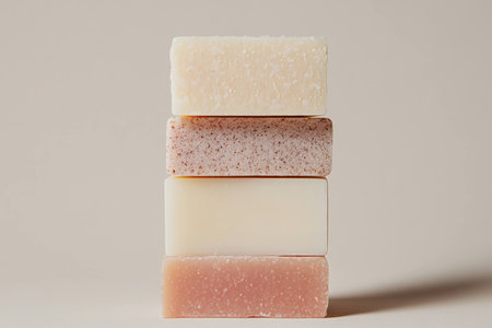 Aesthetic arrangement of natural handmade soaps in neutral colors, showcasing textures and organic materials for eco friendly living and self care routinesの素材