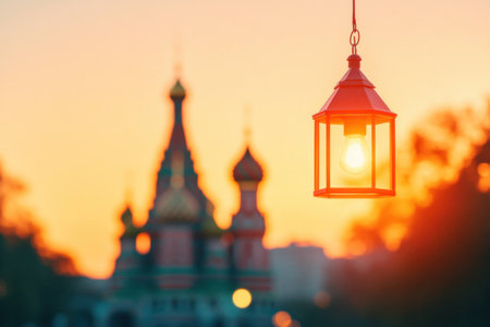Charming red lantern hanging in the evening glow, softly illuminating the scene against a beautiful sunset backdrop and the silhouette of St Basil s Cathedralの素材