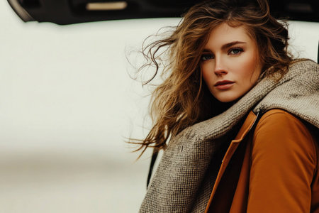 Stylish young woman with long, tousled hair in a brown coat, posing outdoors on a windy day, conveying confidence and warmth through her expressionの素材