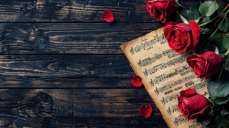 Romantic composition featuring red roses and sheet music on a rustic wooden background, ideal for love, music, and celebration themesの素材