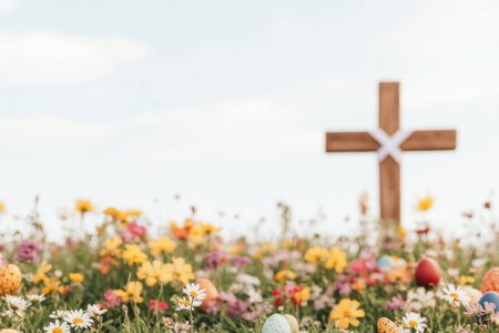 A beautiful wooden cross surrounded by colorful flowers and Easter eggs in a serene spring setting, symbolizing renewal and hopeの素材