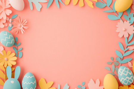 Colorful Easter frame with pastel eggs, flowers, and leaves on a pink background, perfect for spring celebrations, invitations, or holiday greetingsの素材