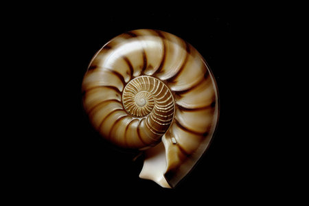 Close up of a beautifully spiraled nautilus shell showcasing intricate patterns and textures against a black background Natural beauty, marine life, shell photographyの素材