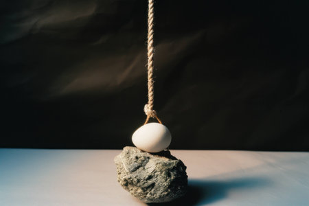 A delicate white egg balanced on a rough stone, suspended by a sturdy rope against a dark backdrop, symbolizing fragility and resilience in lifeの素材