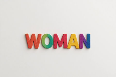 Colorful letters spelling WOMAN on a neutral background, emphasizing femininity and empowerment with bright colors and a playful conceptの素材