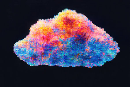 Colorful pixelated cloud illustration with vibrant hues of pink, blue, and orange, set against a dark background for a modern and artistic vibeの素材