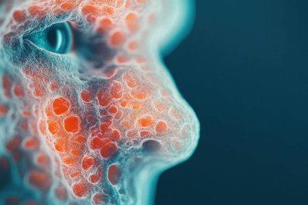 Abstract representation of a human face with colorful textures and patterns, highlighting emotions and features in a surreal styleの素材